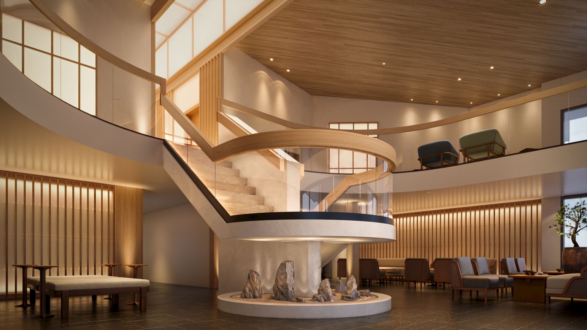 The image shows a modern interior featuring a spiral staircase, warm lighting, wooden accents, and seating areas, creating a cozy atmosphere.