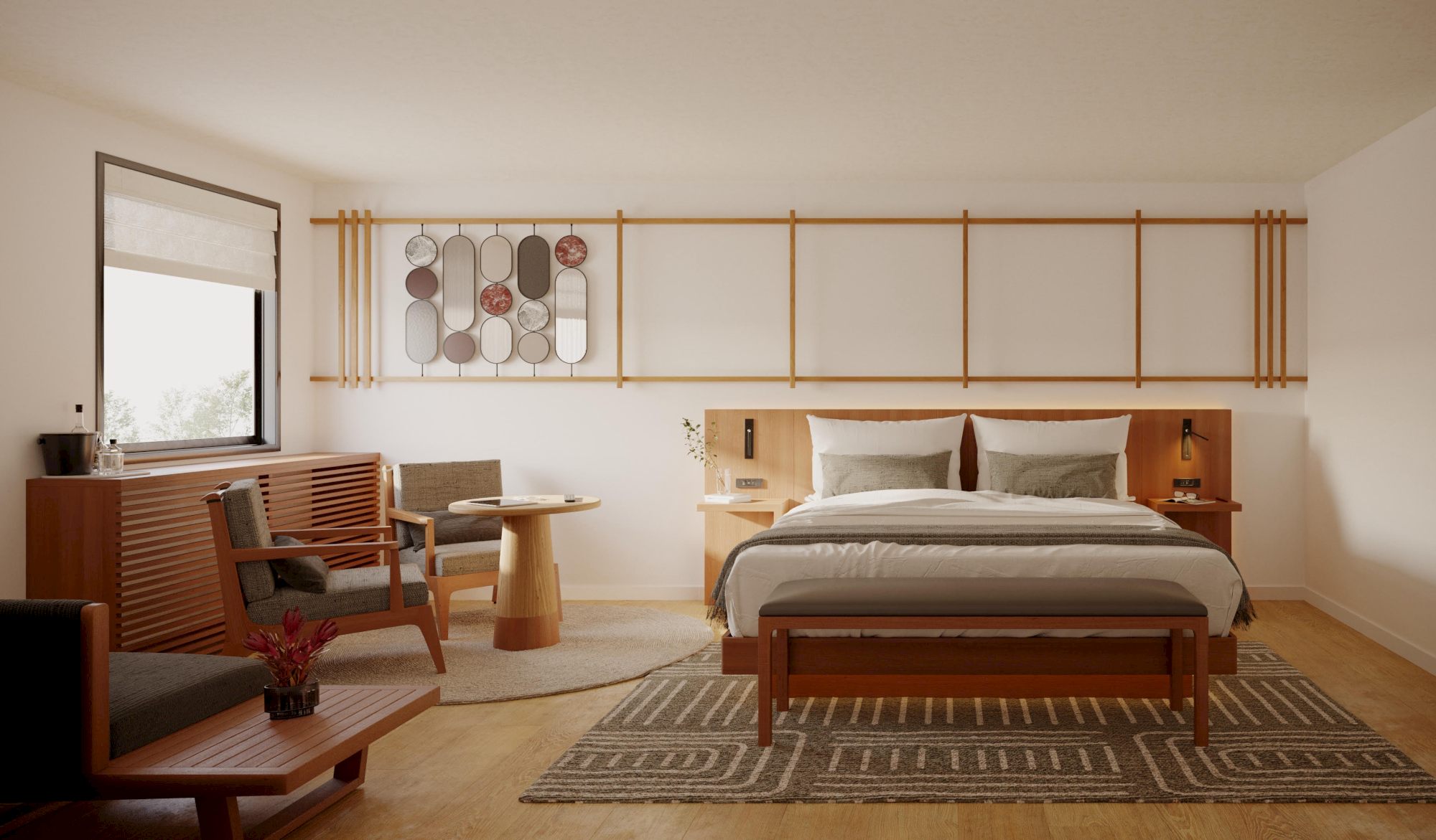 A modern bedroom with a bed, seating area, abstract wall art, and natural lighting, featuring wooden furniture and decor.