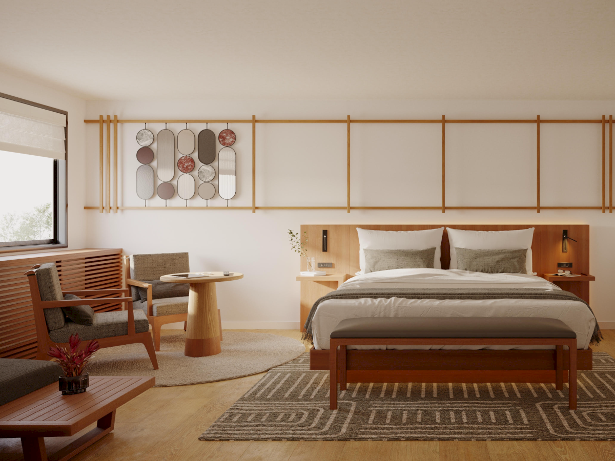A modern bedroom features a bed, armchair, table, window, and wall art, with a warm, minimalist design and wooden accents throughout.