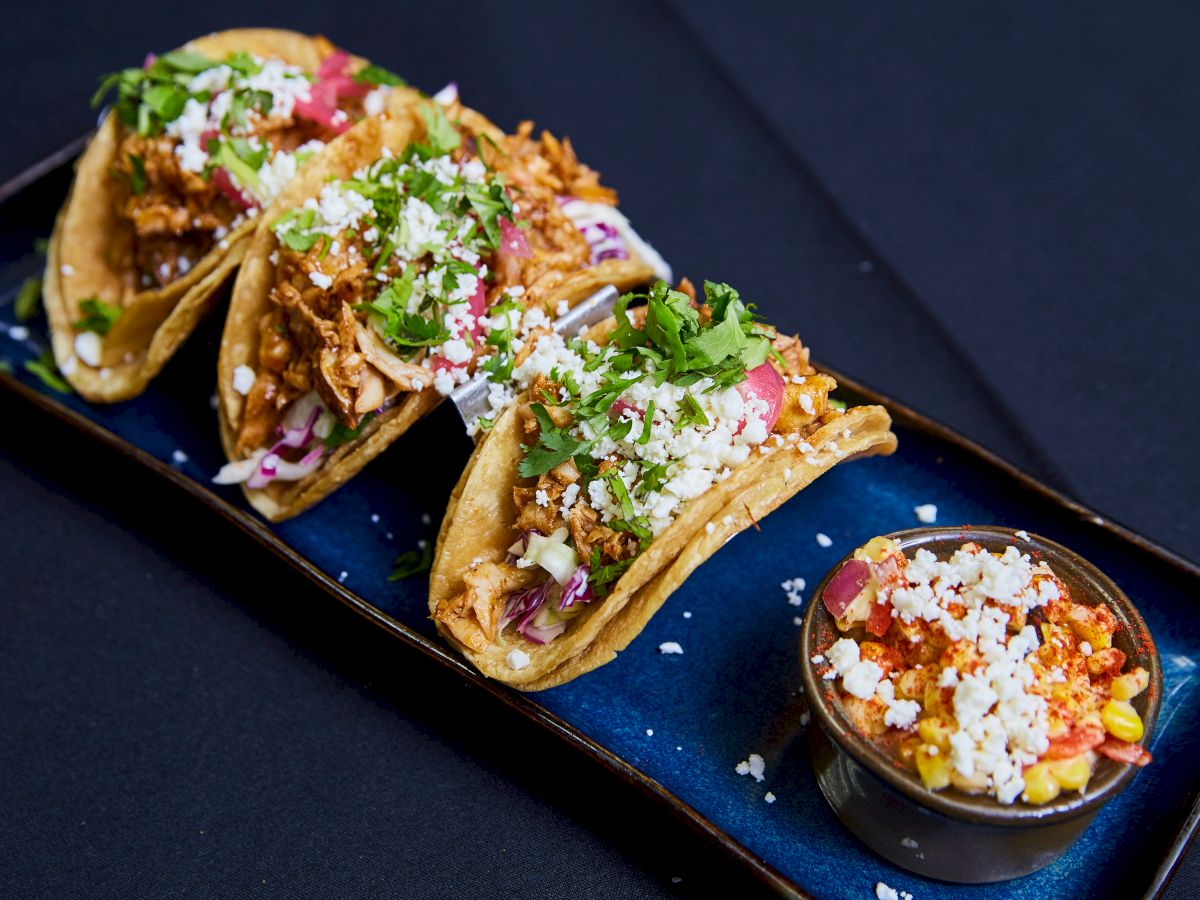 The image shows delicious tacos filled with meat, cilantro, and cheese, served with salsa in a bowl on the side, on a blue plate.