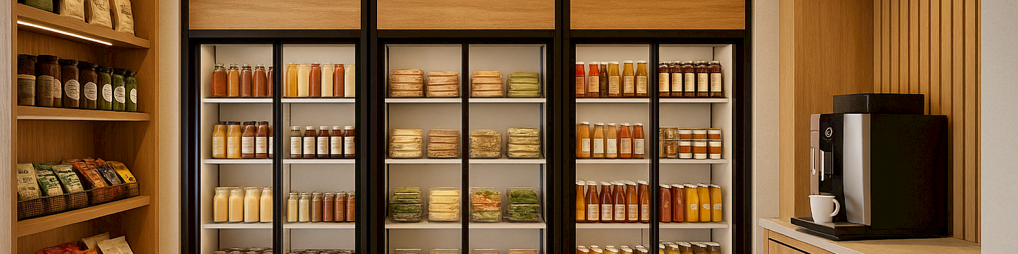The image shows a store area featuring refrigerated shelves with various products, snacks on the left, and a coffee machine and microwave on the right.