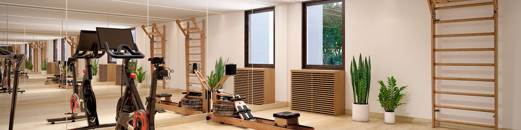 A modern gym features exercise bikes, rowing machines, wall bars, and potted plants on a wooden floor with large windows.